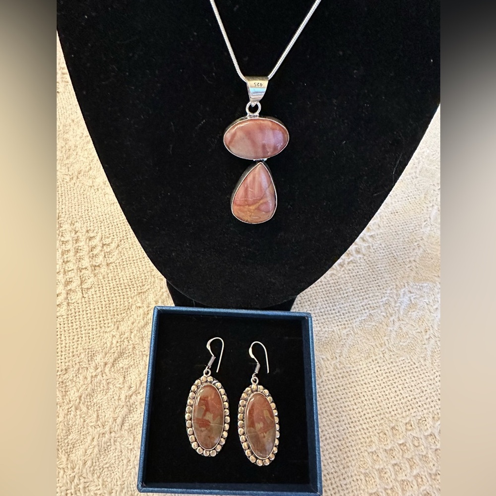 Australian Red Picture (Noreena) Jasper in Sterling Silver; Pendant and Earrings
